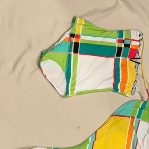 Trina Turk bathing suit and cover up. white with vibrant multi colored print